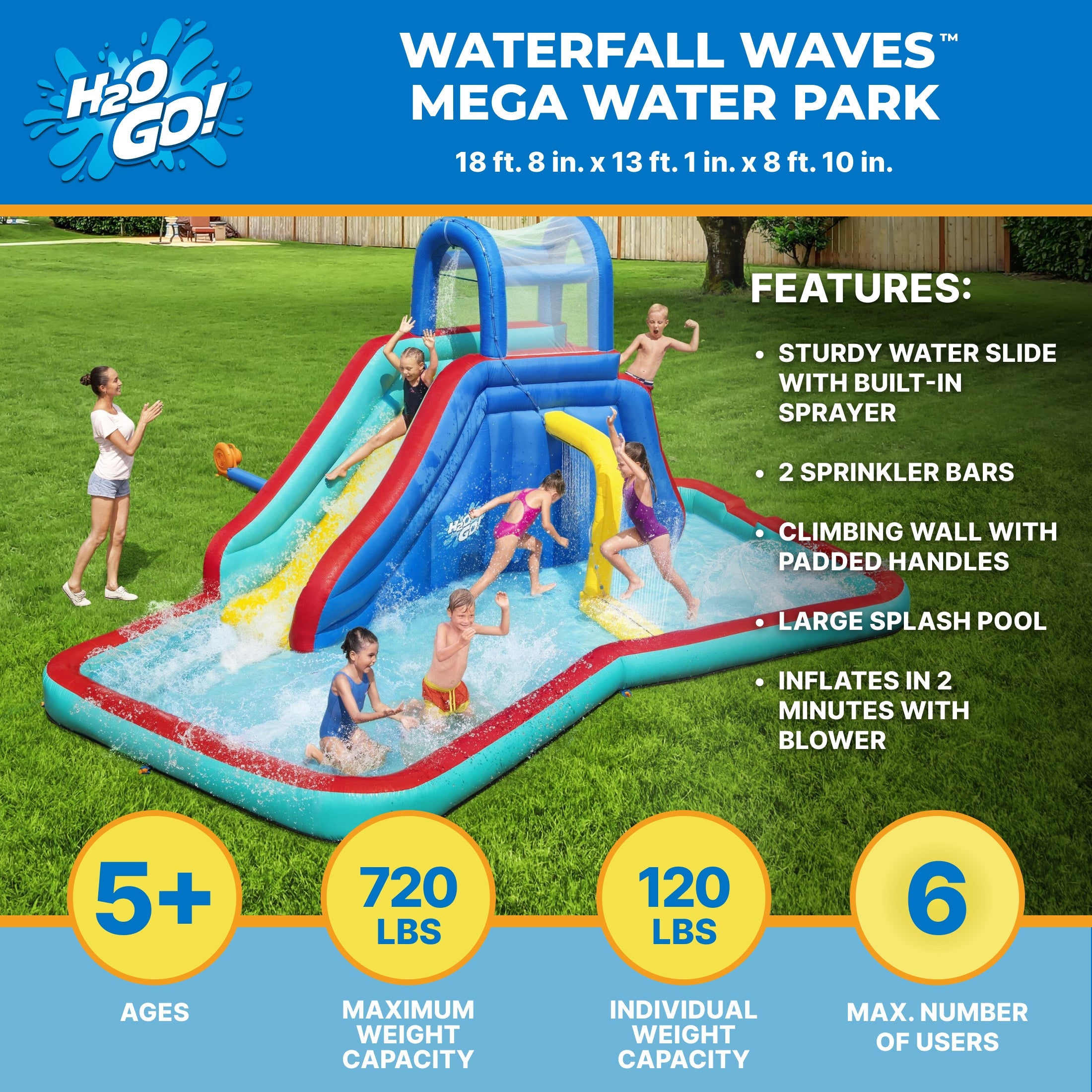 H2OGO! Waterfall Waves Kids Inflatable Water Park 18'8”